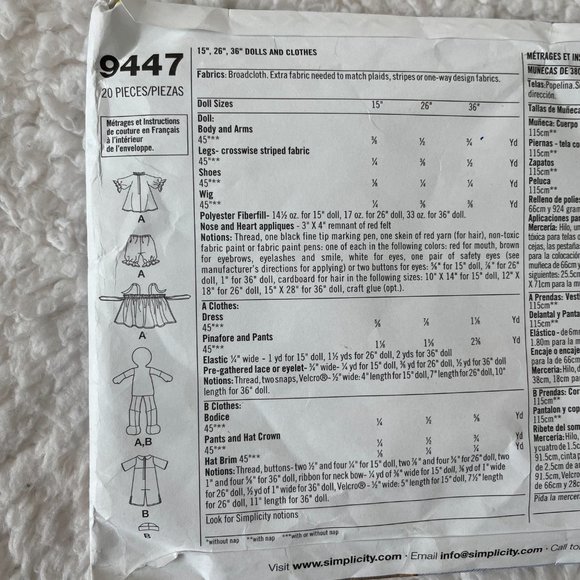 Classic Raggedy Ann & Andy 9447 Dolls Sewing Pattern (15", 26, 36" dolls) - Picture 3 of 3